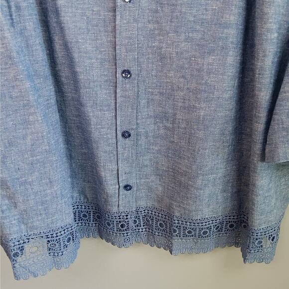 EUC CJ Banks Blue Linen and Cotton Blend Blouse with Lace Size 1X - Picture 5 of 10
